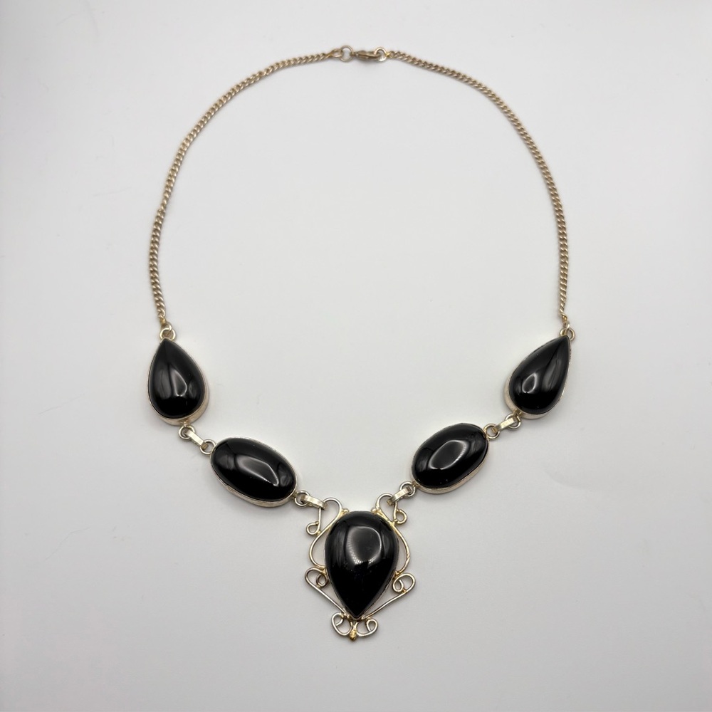 Vintage 925 Sterling Silver Black Onyx Hand-Wrought Statement Necklace Estate